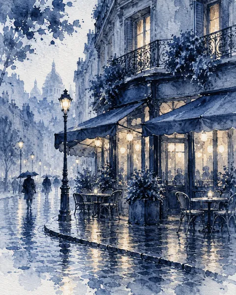 Rainy Cafe Street · Indigo Monochrome