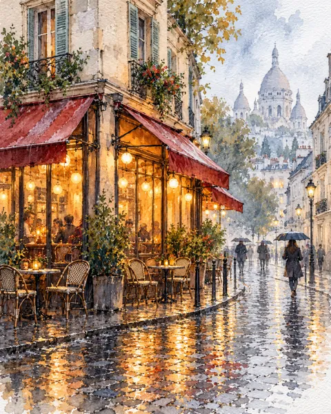 Rainy Cafe Street · Ink Line and Wash