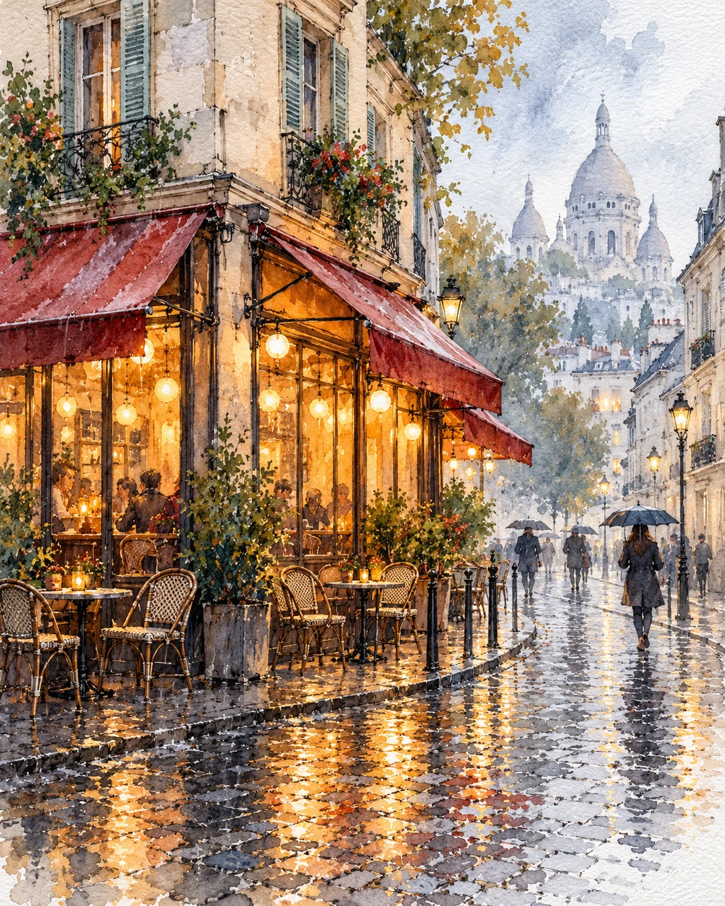Rainy Cafe Street · Ink Line and Wash