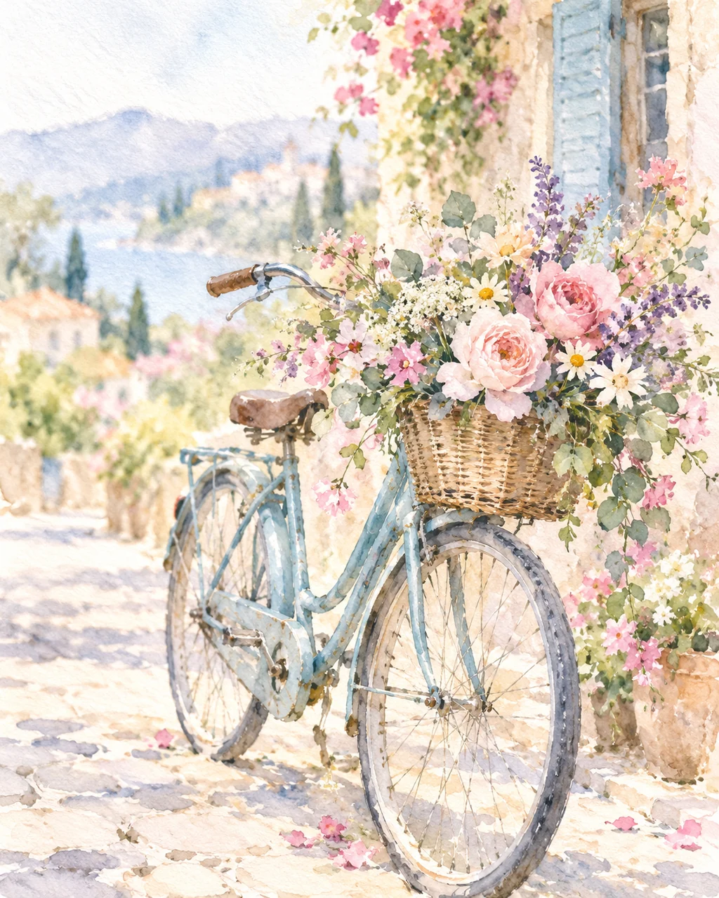Bicycle with Flower Basket · Soft Pastels