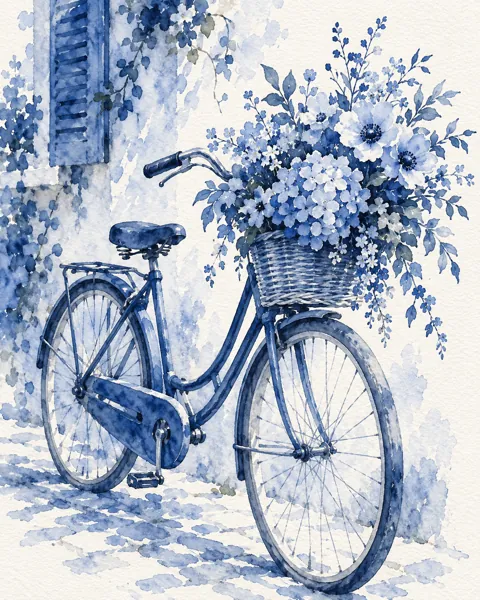 Bicycle with Flower Basket · Indigo Monochrome