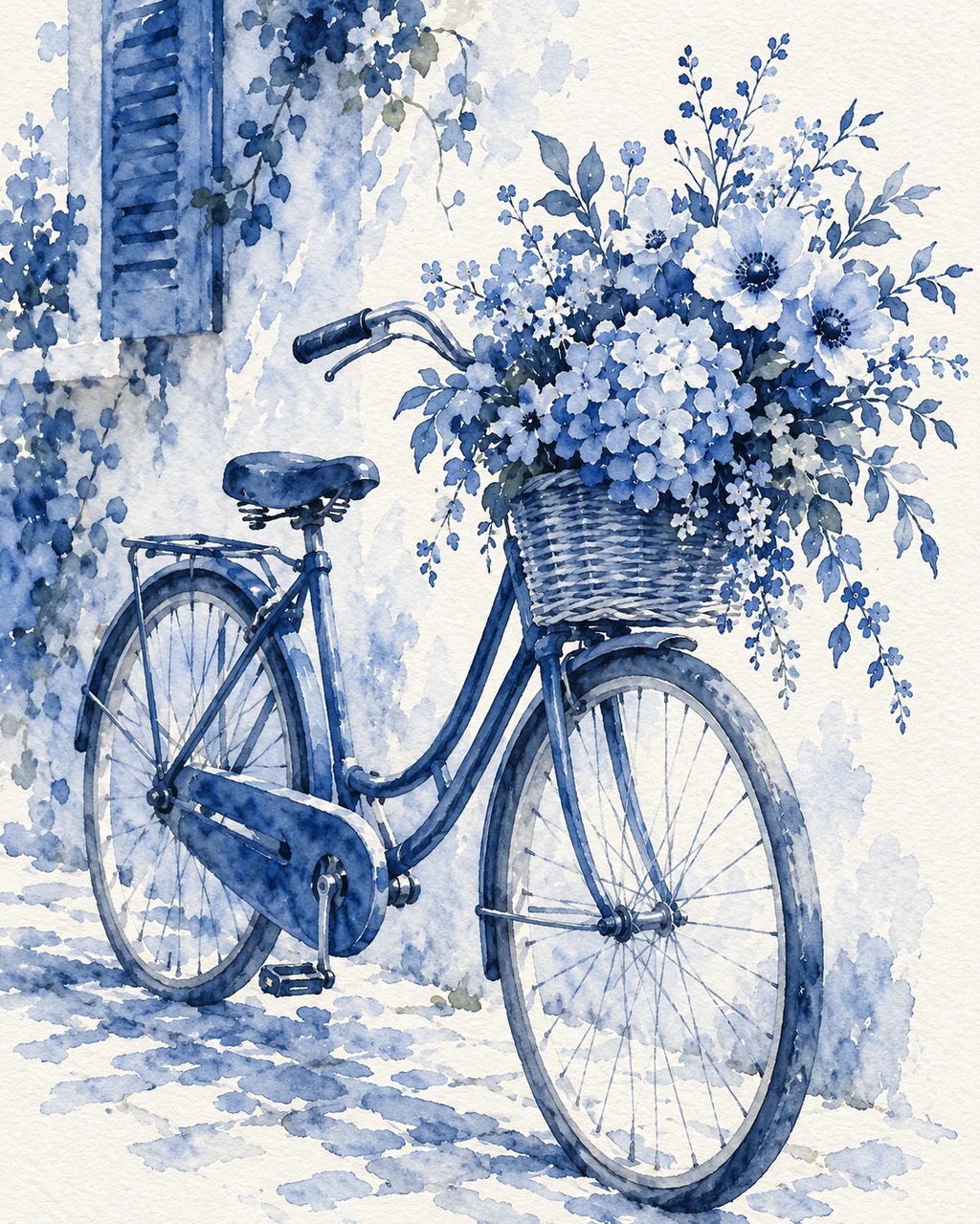 Bicycle with Flower Basket · Indigo Monochrome