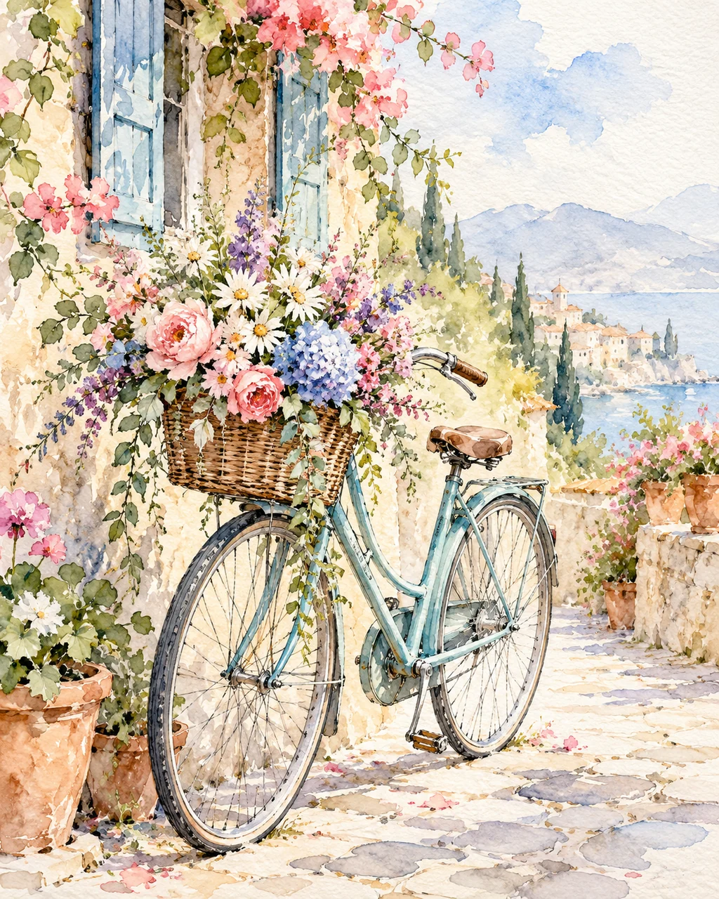 Bicycle with Flower Basket · Ink Line and Wash