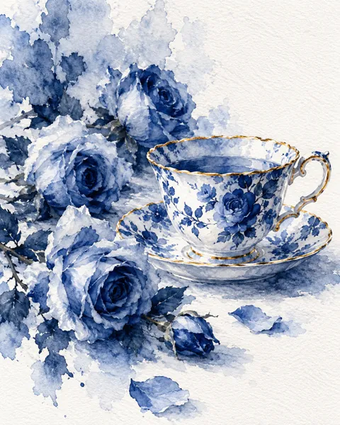 Teacup and Roses · Indigo Monochrome