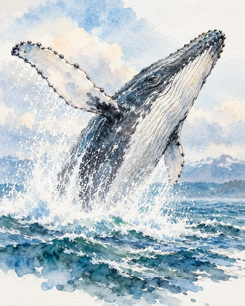 Humpback Whale Breach · Ink Line and Wash