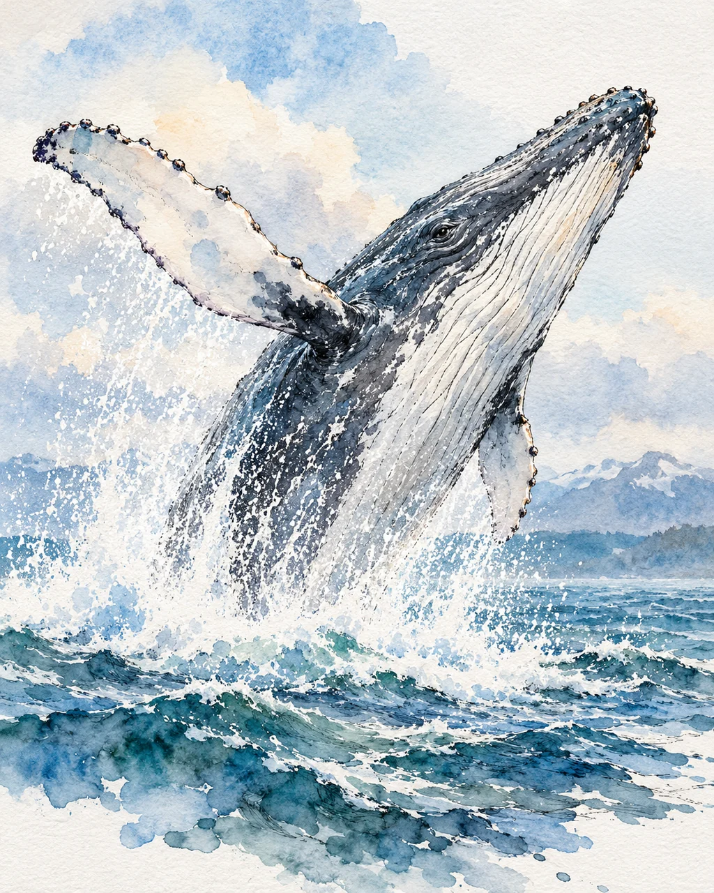 Humpback Whale Breach · Ink Line and Wash