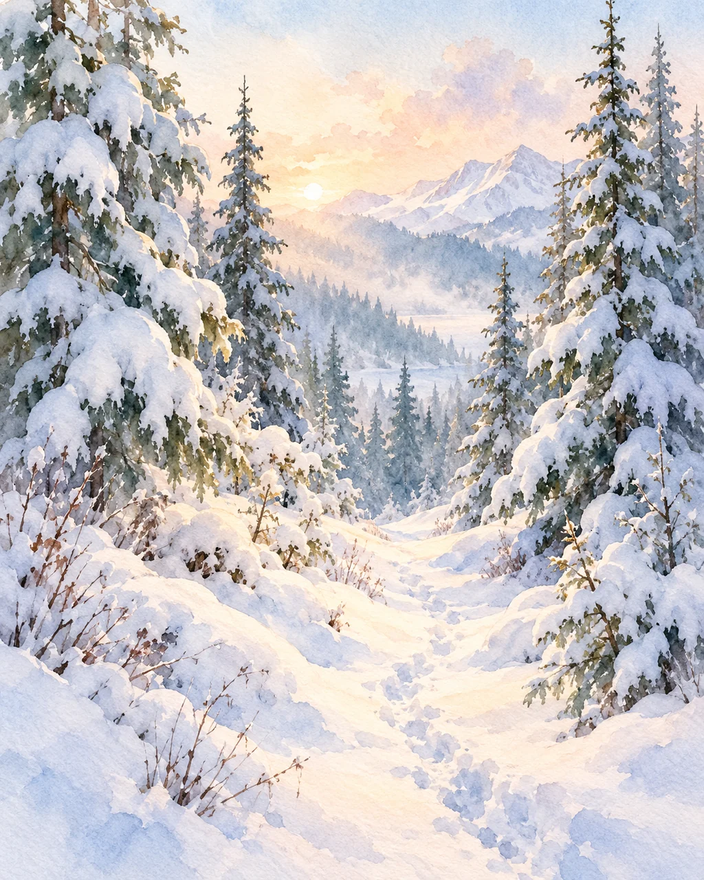 Snowy Pine Forest · Soft Pastels