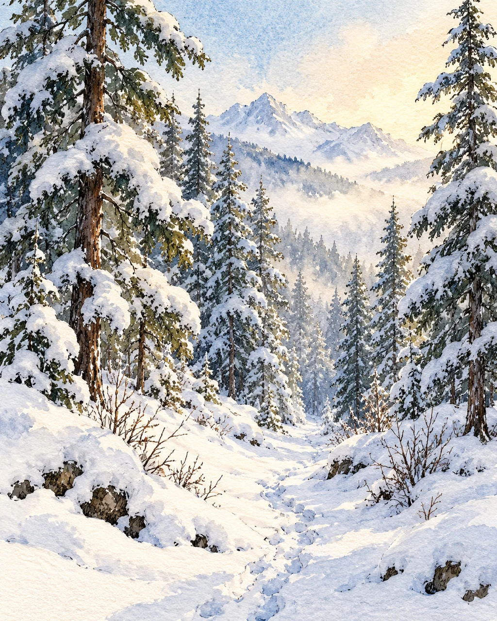 Snowy Pine Forest · Ink Line and Wash