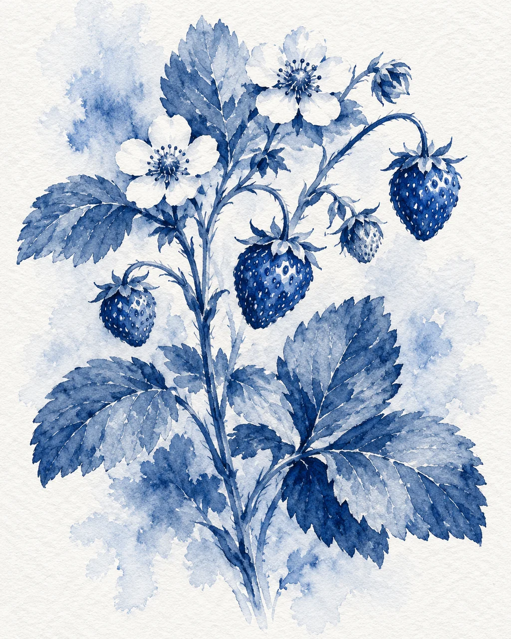 Wild Strawberry Sprig · Indigo Monochrome