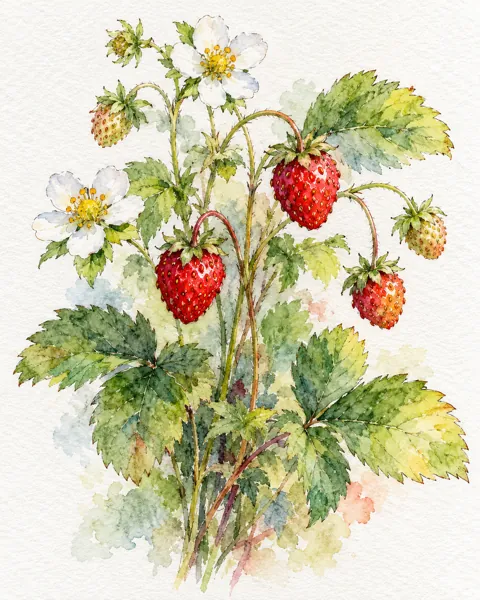 Wild Strawberry Sprig · Ink Line and Wash