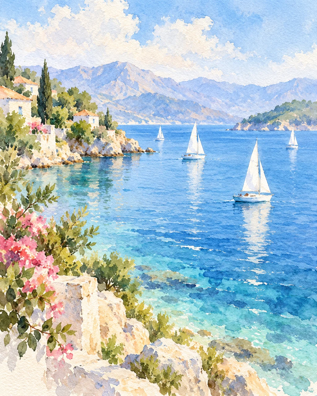 Sailboats on Blue Bay · Soft Pastels