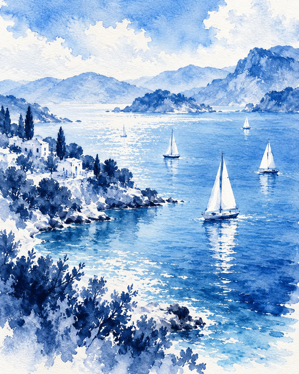 Sailboats on Blue Bay · Indigo Monochrome