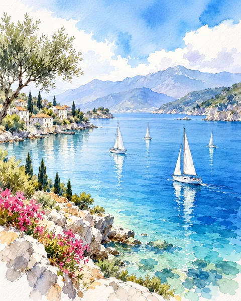 Sailboats on Blue Bay · Ink Line and Wash