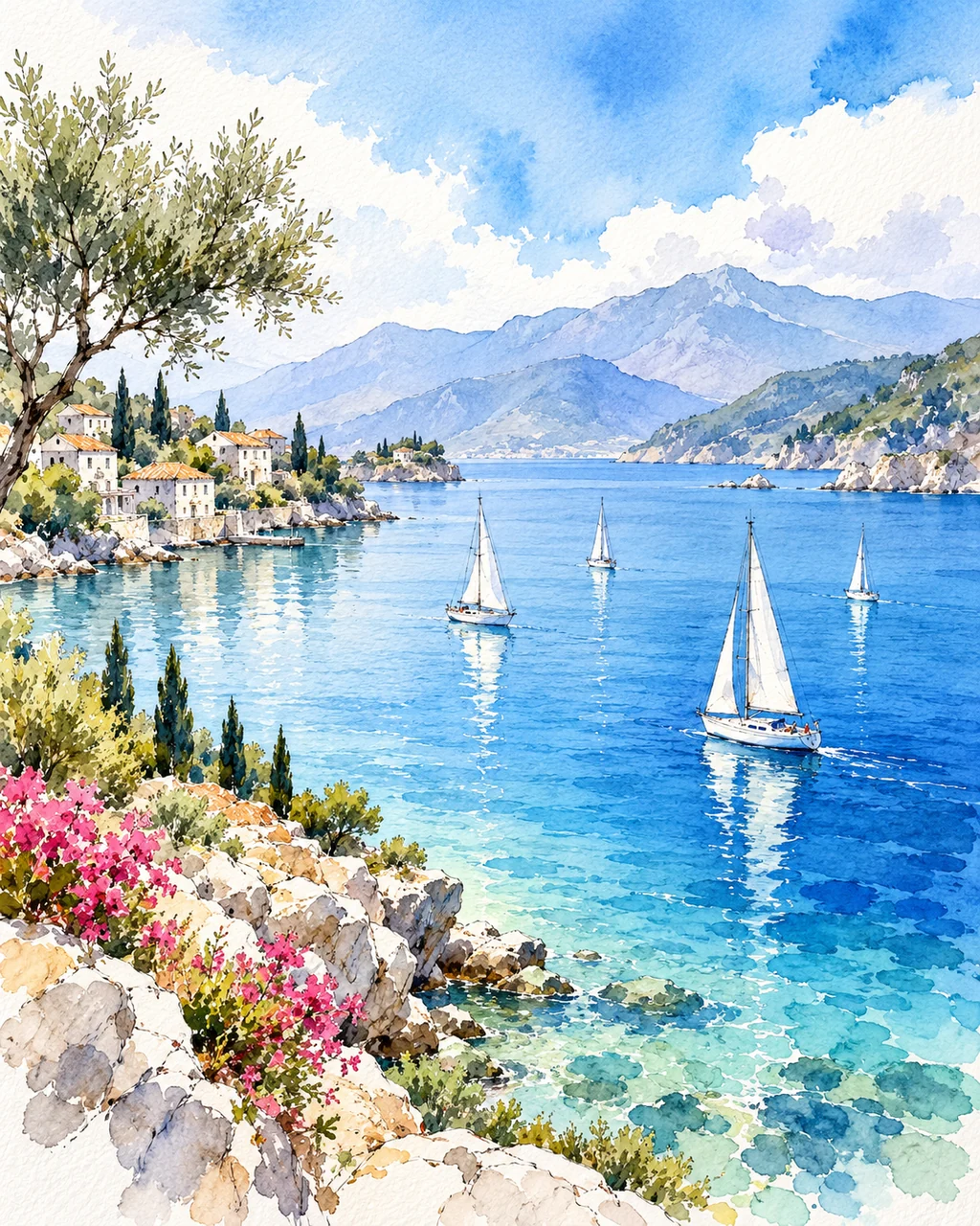 Sailboats on Blue Bay · Ink Line and Wash