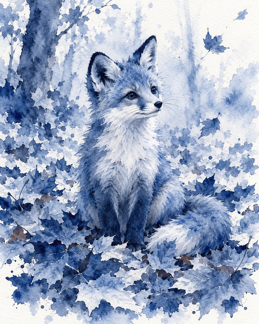 Fox in Autumn Leaves · Indigo Monochrome