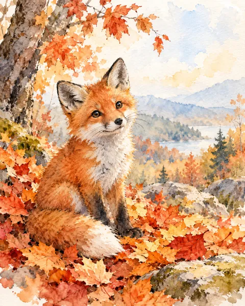 Fox in Autumn Leaves · Ink Line and Wash