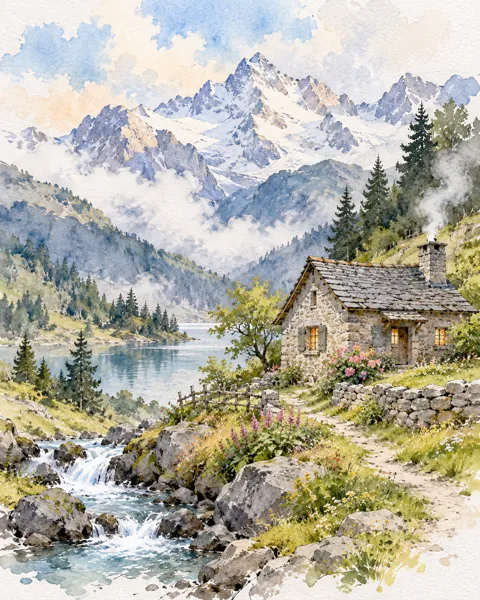 Mountain Cottage · Ink Line and Wash