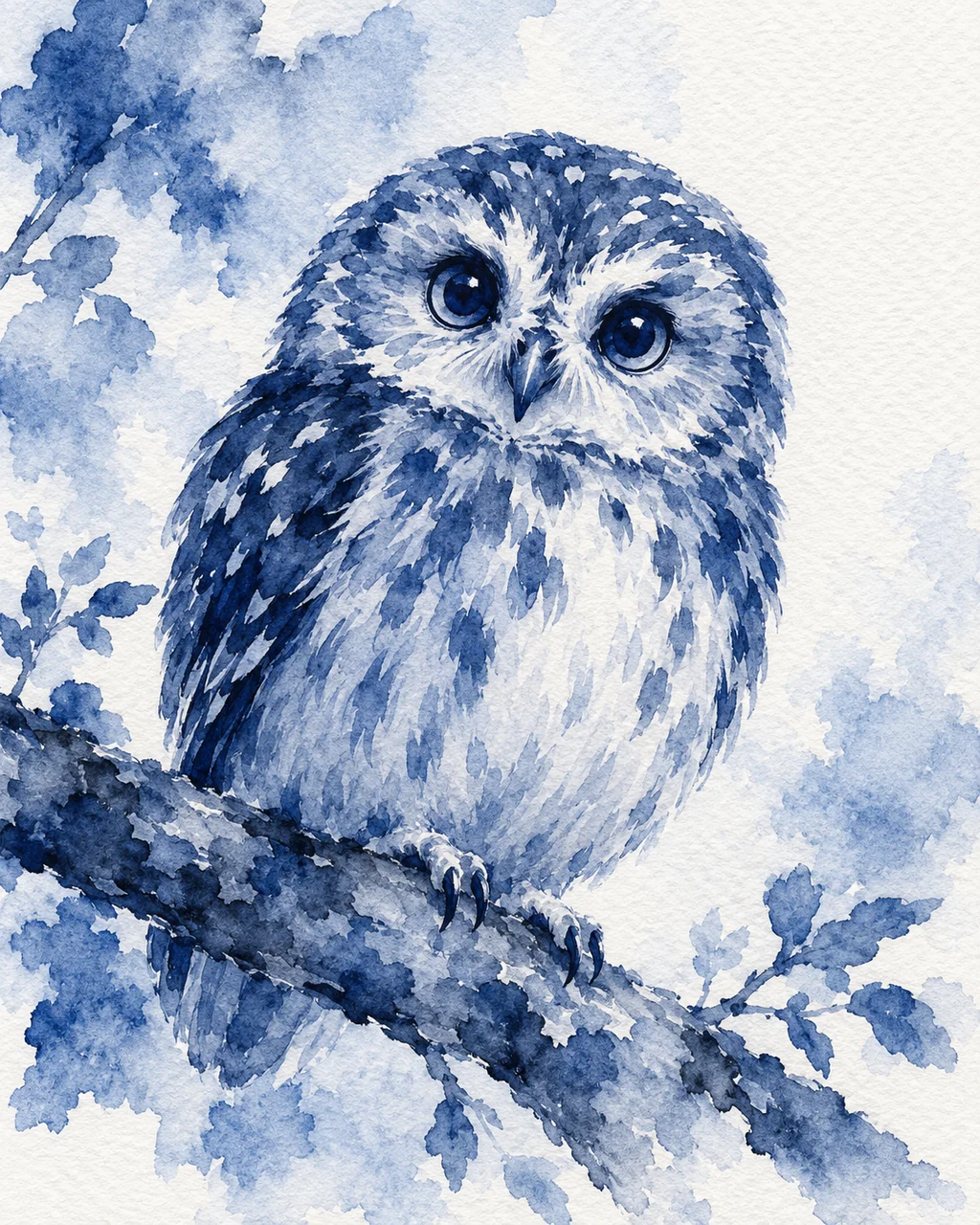 Owl on a Branch · Indigo Monochrome