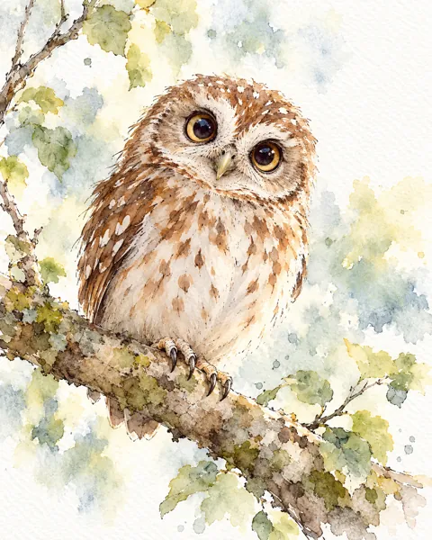 Owl on a Branch · Ink Line and Wash