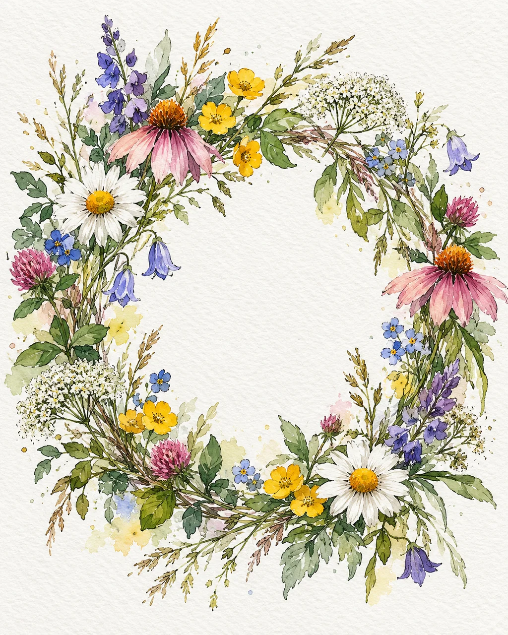 Floral Wreath · Ink Line and Wash