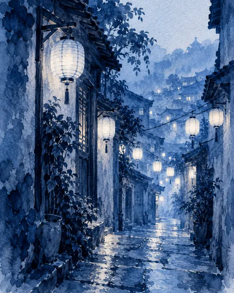 Paper Lantern Alley · Indigo Monochrome