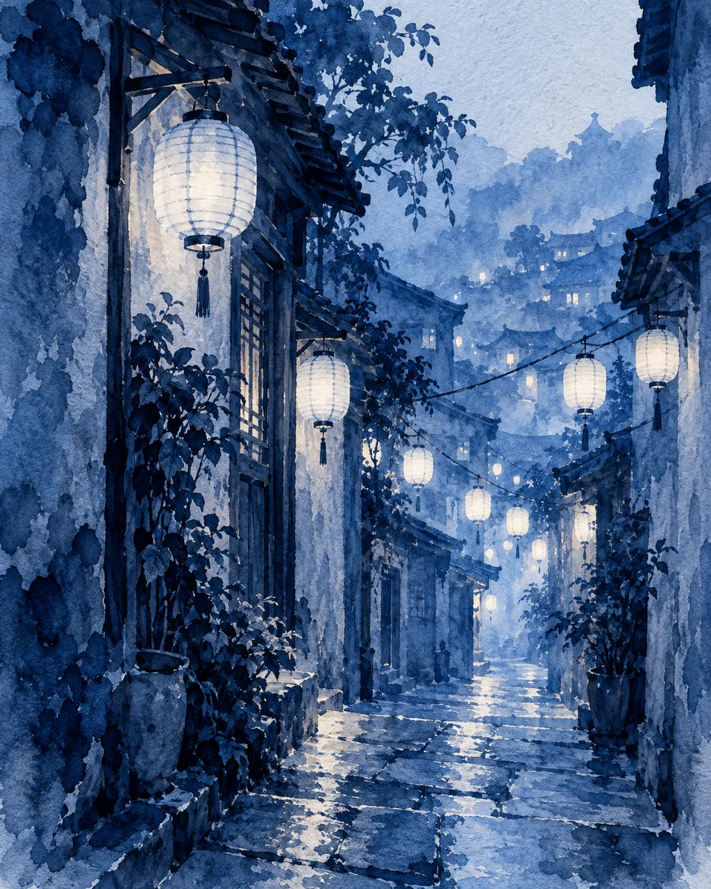 Paper Lantern Alley · Indigo Monochrome