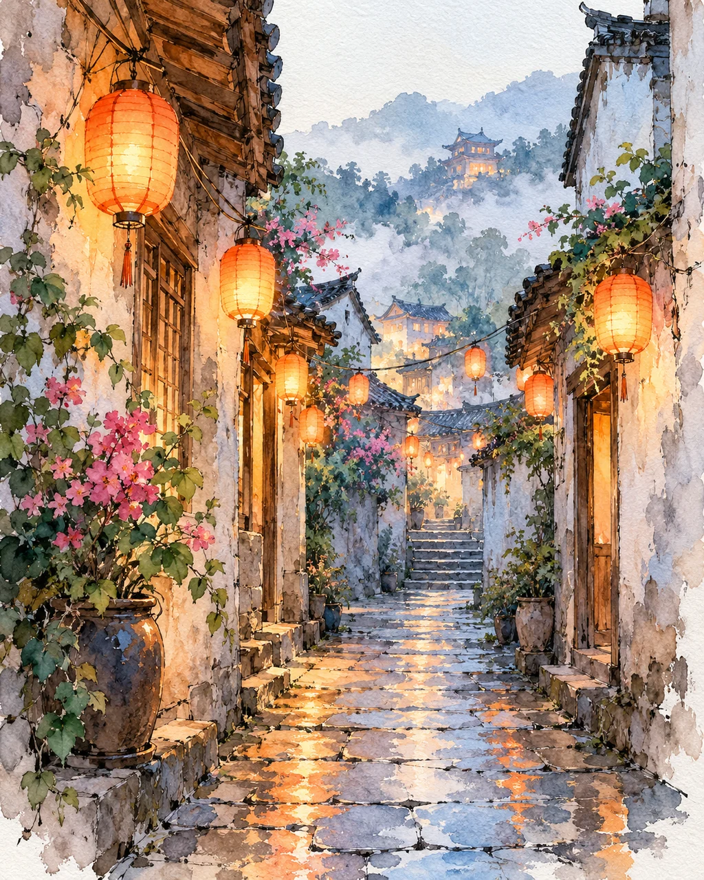 Paper Lantern Alley · Ink Line and Wash