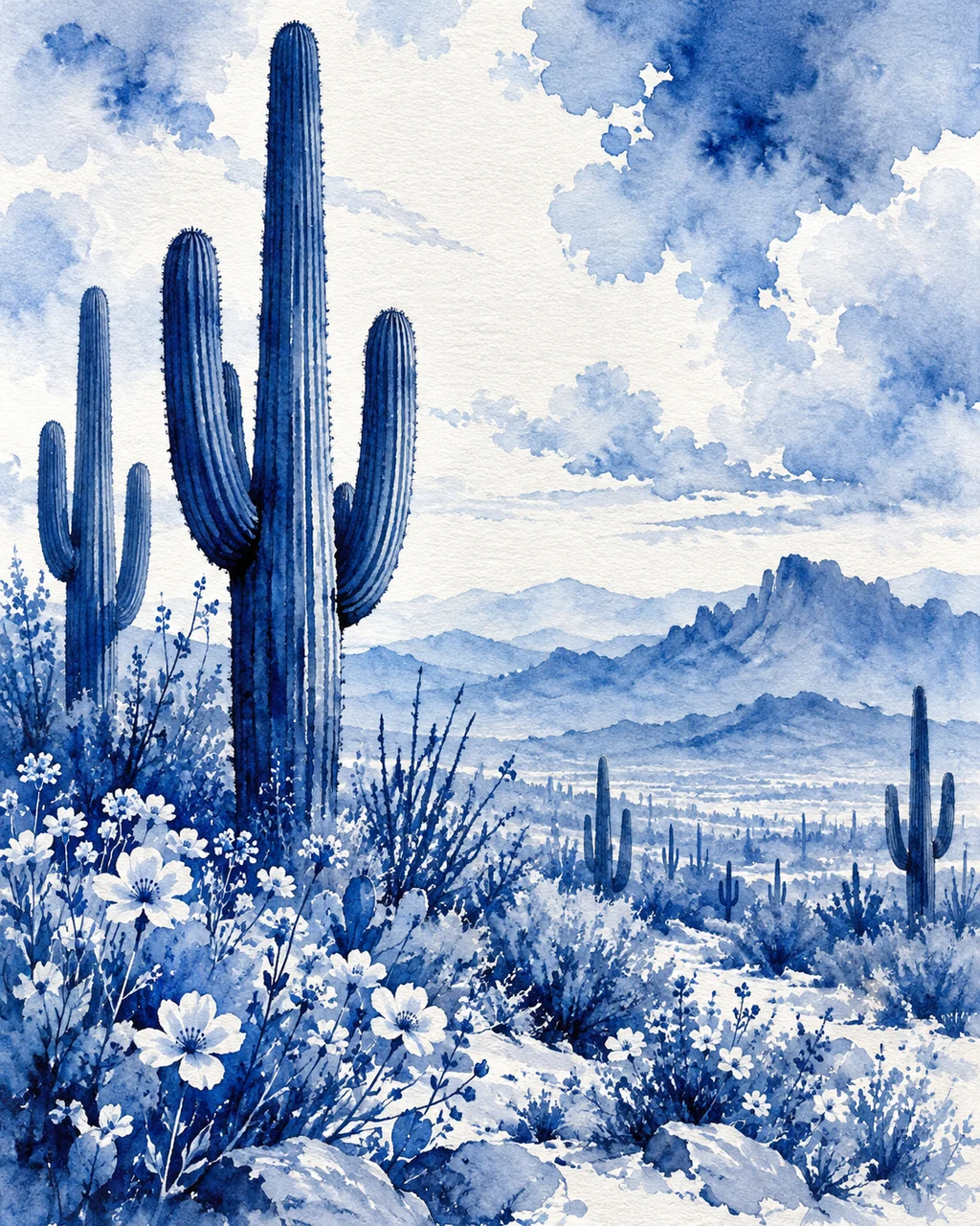Saguaro Desert Bloom · Indigo Monochrome