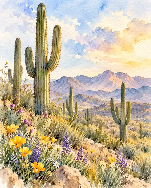 Saguaro Desert Bloom · Ink Line and Wash