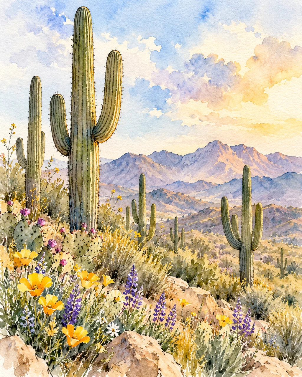 Saguaro Desert Bloom · Ink Line and Wash