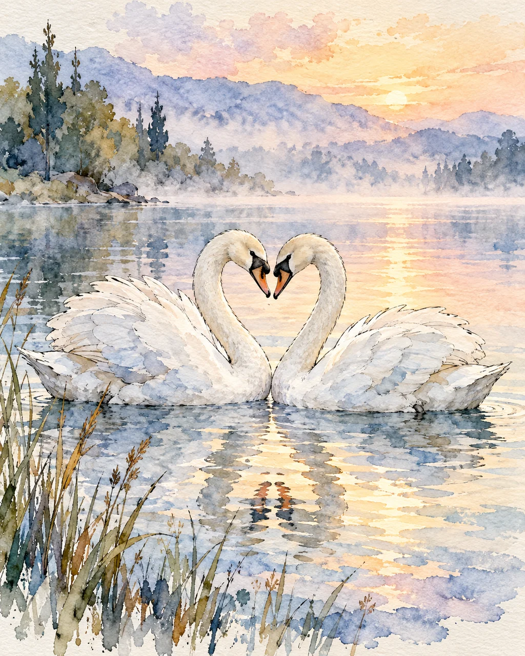 Swans on a Lake · Ink Line and Wash